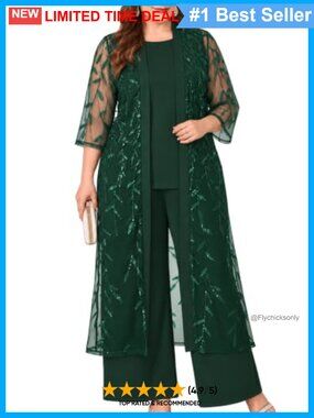 3 Piece Plus Size Dressy Pantsuit Sheer Sequin Long Jacket Formal Set